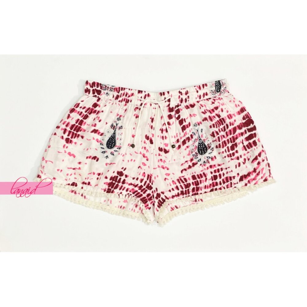 RAGA Pink Burgundy Cream Beige Silver Tie-Dye Watercolor Dotted Hippie Shorts S